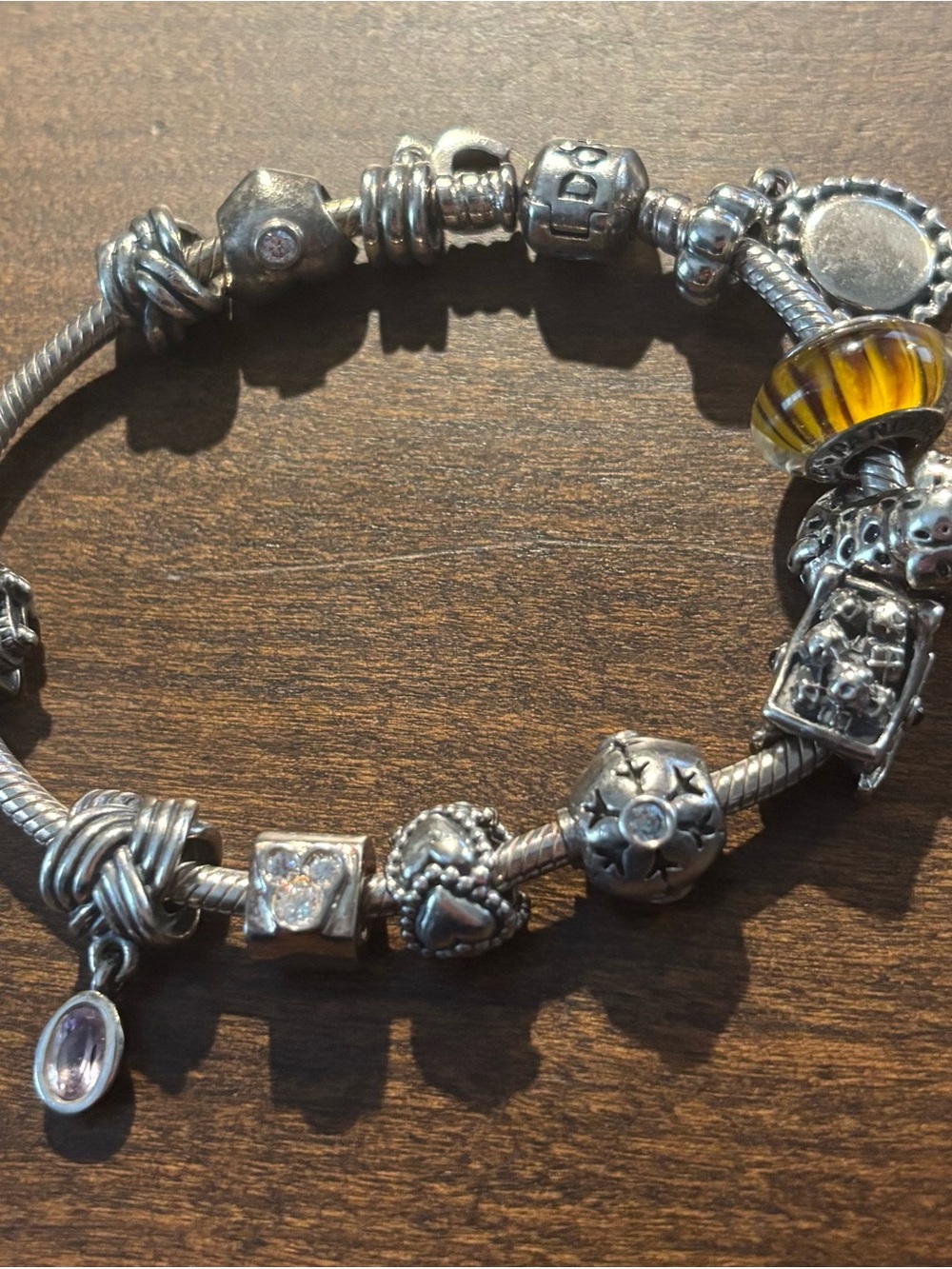 Sterling Silver Charm Bracelet with Yellow Glass Accent